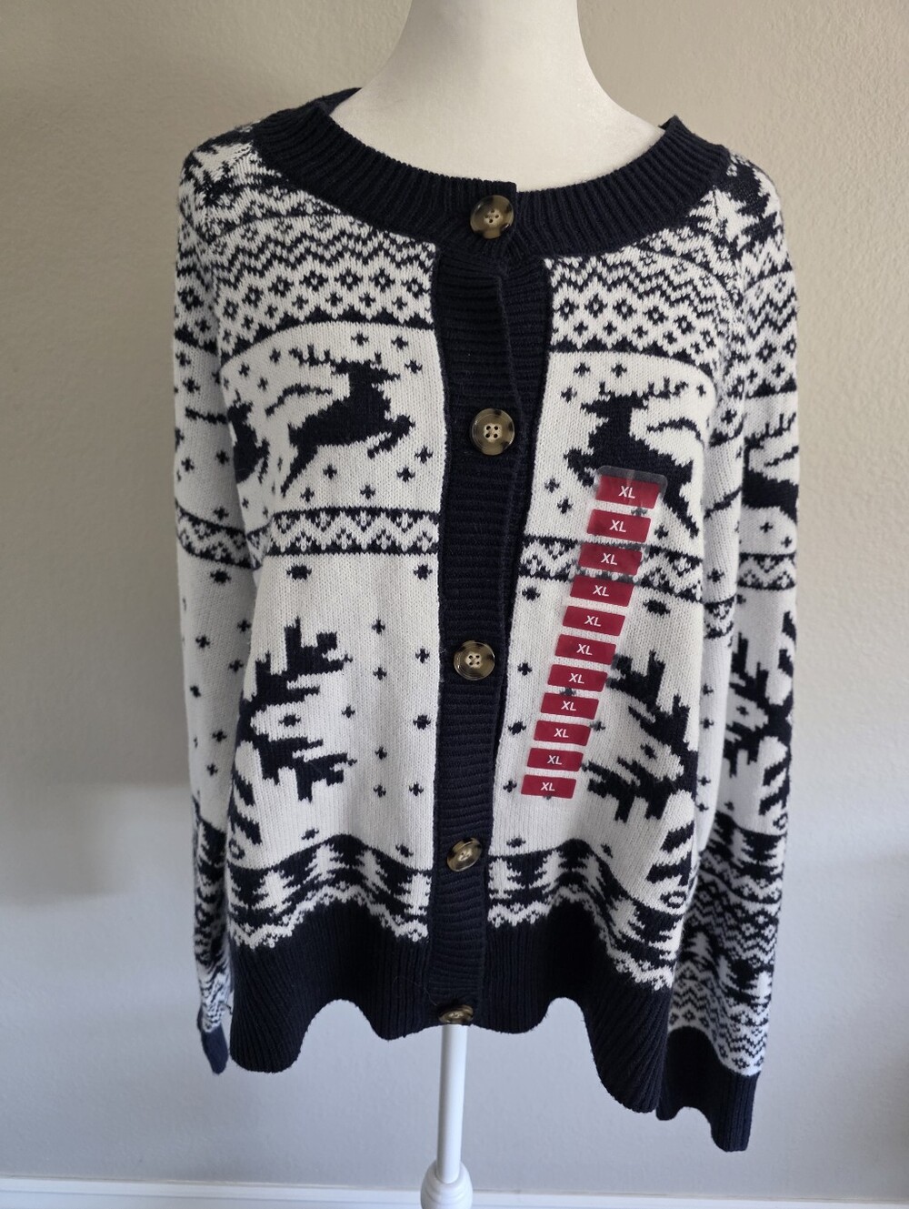 Women's XL Christmas Holiday Sweater Cardigan Navy White Reindeer Snowflake NEW